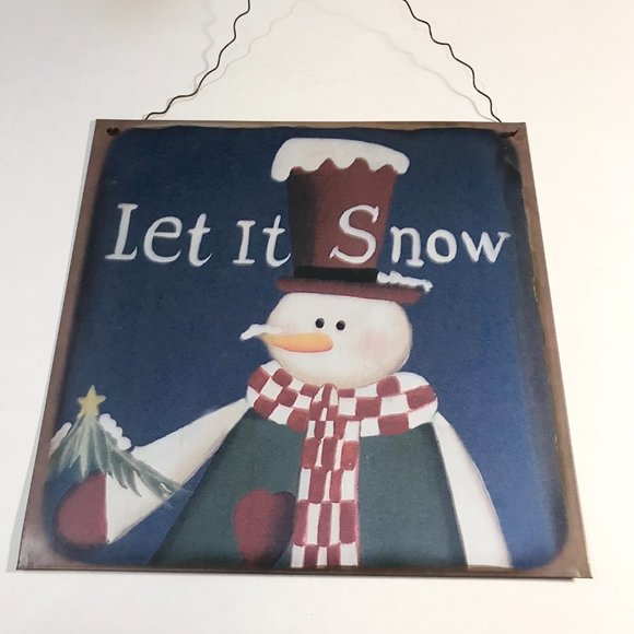 Vintage Snowman Door Wall Sign Plaque Let It Snow Tin Metal Christmas Decor - Picture 2 of 8